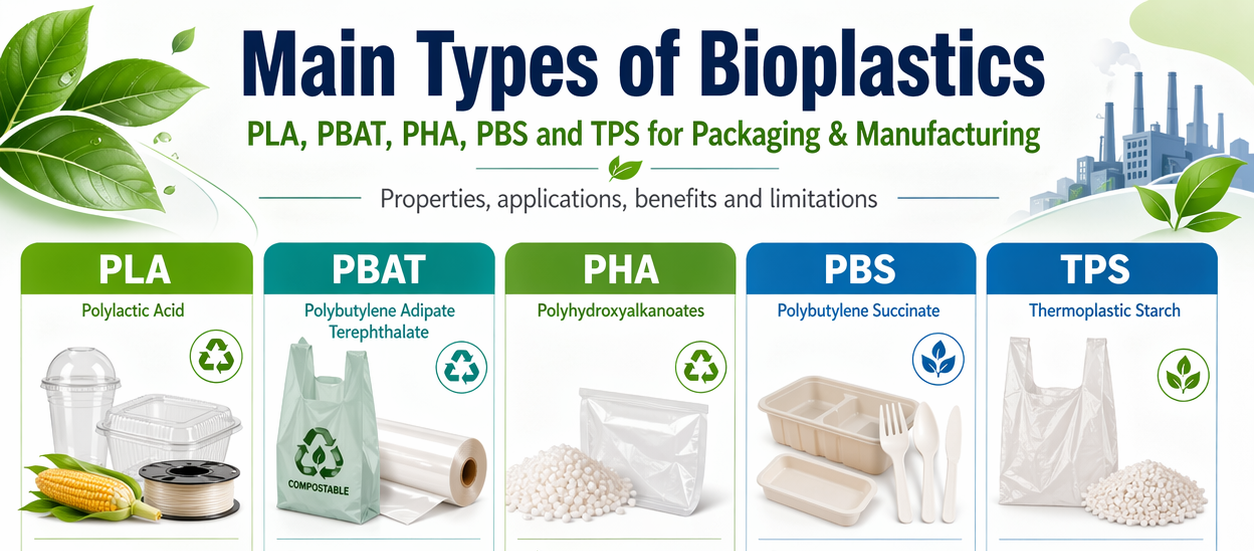 Infographic showing the main types of bioplastics including PLA, PBAT, PHA, PBS and TPS with properties, applications, benefits and limitations for packaging and manufacturing.